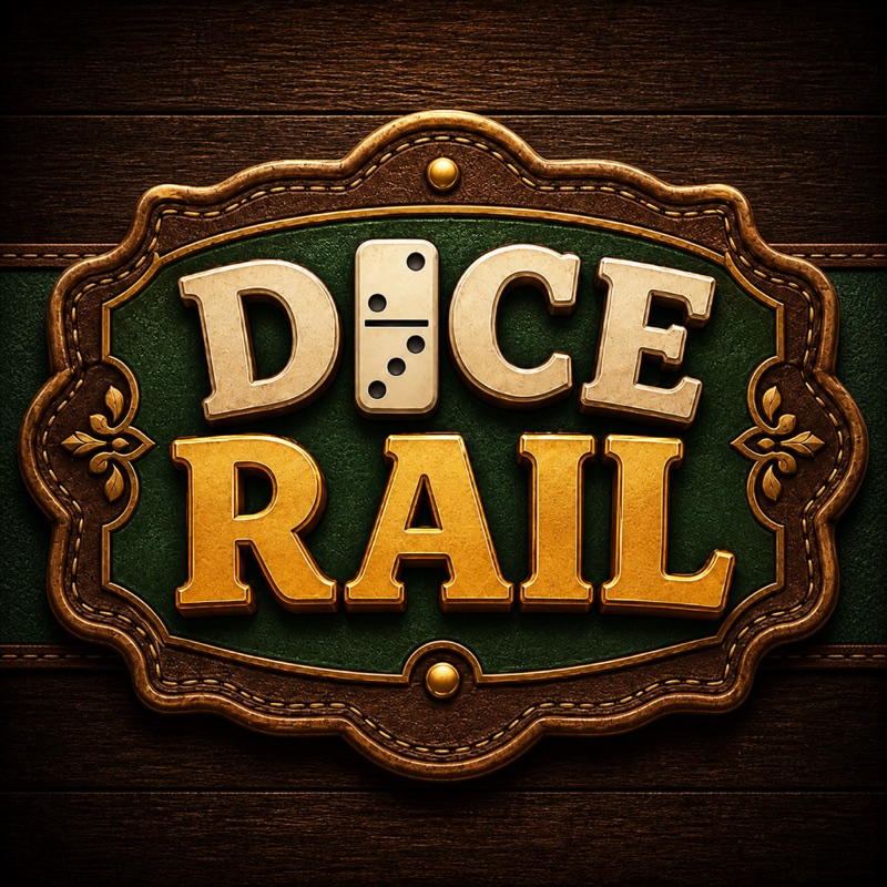Dice Rail app icon with the title set into an ornate green, gold, and dark wood railway-style sign.