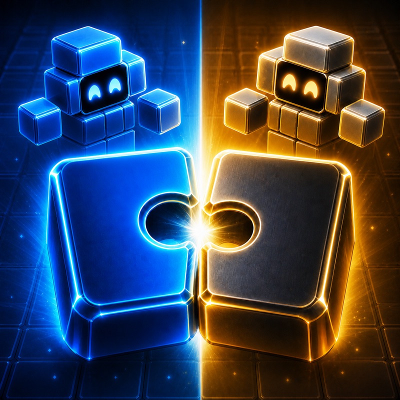 Doppel app icon showing blue and gold characters facing each other across two halves of a split puzzle world.