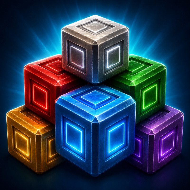 Remnants app icon showing luminous red, blue, green, gold, platinum, and purple stone blocks stacked against a dark blue glow.